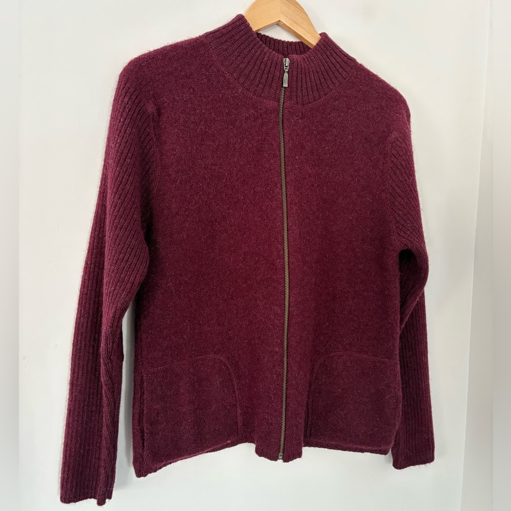 Full Zip 100% Wool Maroon Sweater Women L Knit Vintage FIELD GEAR Elbow Patches